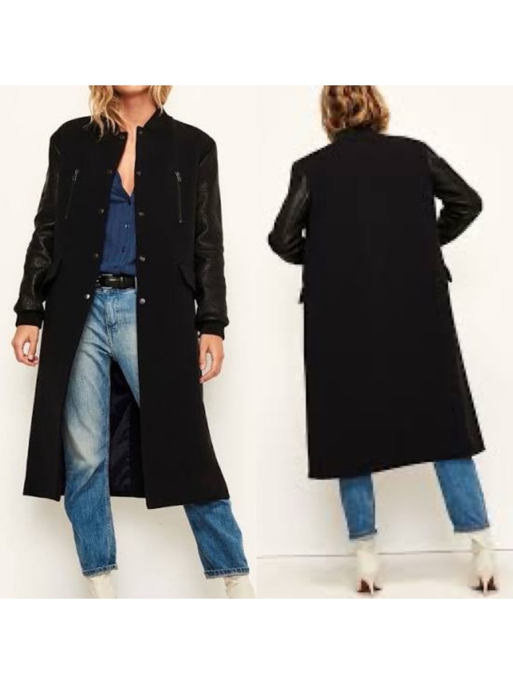 Ba&Sh Manteau Casanova Black / Navy Wool & Leather Long Coat Size 0